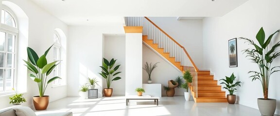 Minimalist living room, white walls, wooden staircase, green plants, elegant design,  decor,  stairs