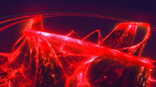 Red energy flow, atom splitting, thermonuclear reaction, pulsing plasma prominences 3D render, VJ loop for DJ nightclub