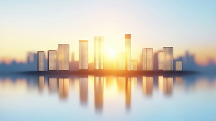 Fototapeta premium Glowing summer city skyline reflecting golden hues on glass buildings at dusk.