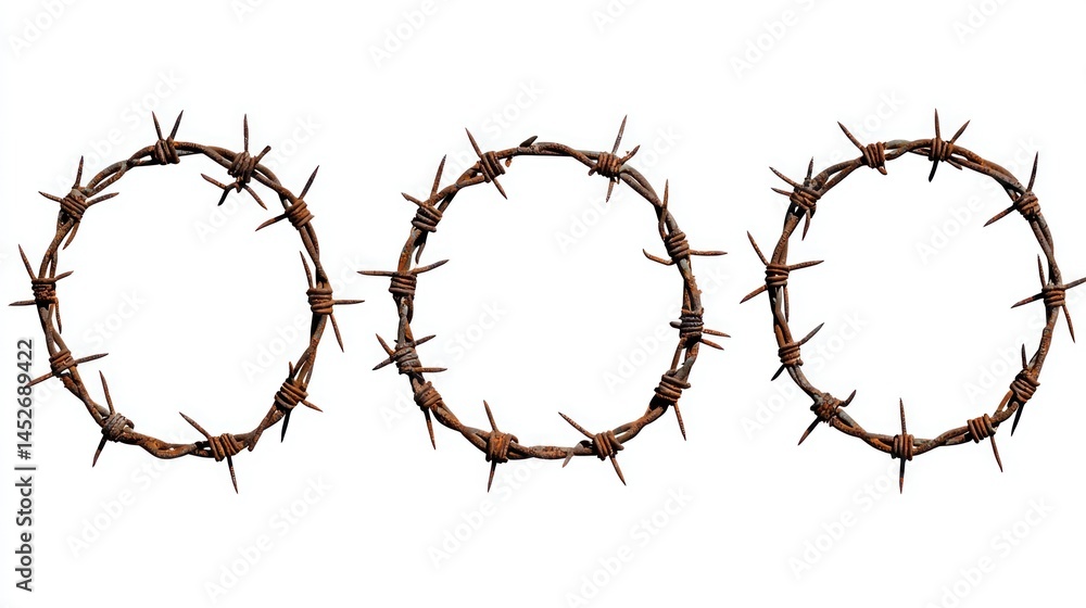 Poster set of barbed wires in circular coils with rust texture on white background.