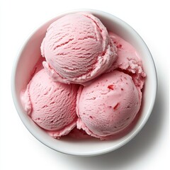 Bowl filled with scoops of strawberry ice cream isolated on white background