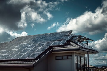 Naklejka premium Solar Panels on House Roof Under Cloudy Sky