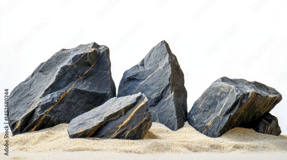Poster set of basalt rocks with sharp edges on beach sand on white background.