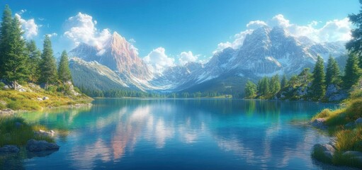 Fototapeta premium Serene Mountain Lake Reflection: A Breathtaking Alpine Vista