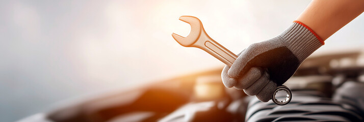 Mechanic hand in protective glove holding wrench over engine in car service workshop with sunlight in background
