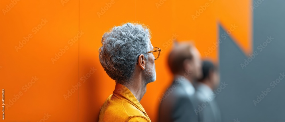 Poster vibrant corporate minimalism dynamic professionals in bold color-block workplace exploring innovatio