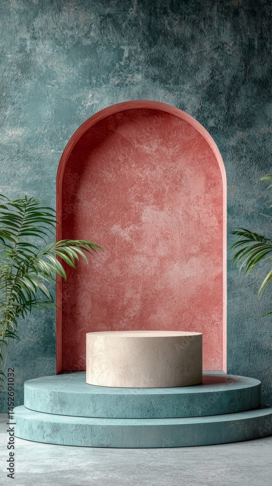 Poster a minimal podium rests on layered platforms, surrounded by soft green foliage against a vibrant two-