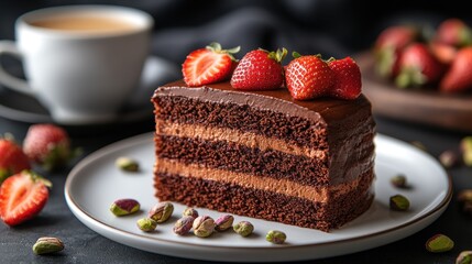 Chocolate cake slice with strawberries and pistachios served with coffee.