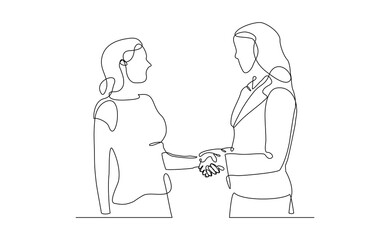 Continuous line drawing of two business woman shaking hands from top view. Big deal business concept sketch drawing editable stroke vector illustration