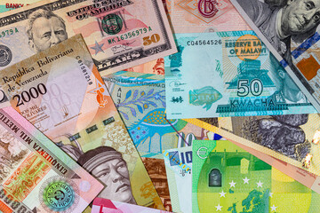Paper and polymer money of different countries. Money background.