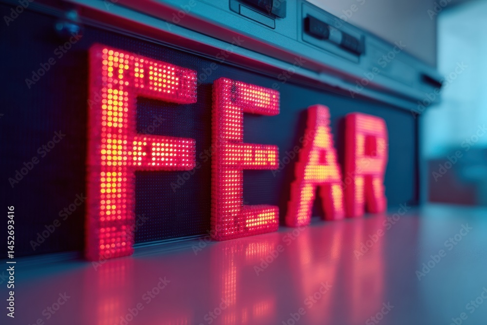 Aufkleber Digital Anxiety Visualization Neon Pixelated FEAR Typography in Cyberpunk Financial Dashboard - Emotional Tech Branding and Market Volatility Insights