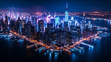 Obraz premium Sparkling glamorous panorama of New York at night. Amazing view of metropolis with beautiful illumination from aerial view. 