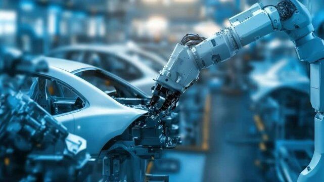 Robotic Arm Assembling Car Components in Modern Automotive Manufacturing Plant