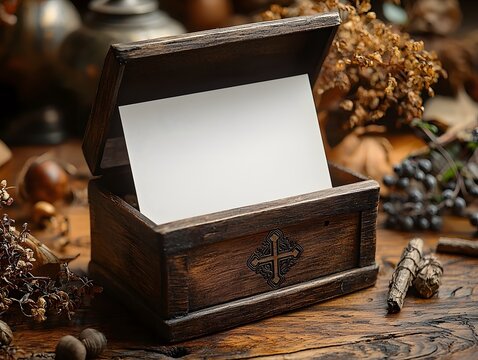 Blank white gift card nestled in a wooden box with religious symbols