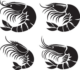Simple shrimp silhouette vector set, shrimp fish icon art on a white background