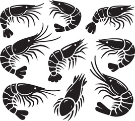 Simple shrimp silhouette vector set, shrimp fish icon art on a white background