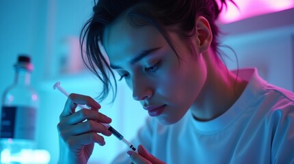 High-resolution stock photo of a close-up, dramatically lit, and intensely focused biohacker with piercing green eyes, short, spiky black hair, and pale skin, wearing a white lab coat