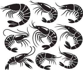 Simple shrimp silhouette vector set, shrimp fish icon art on a white background