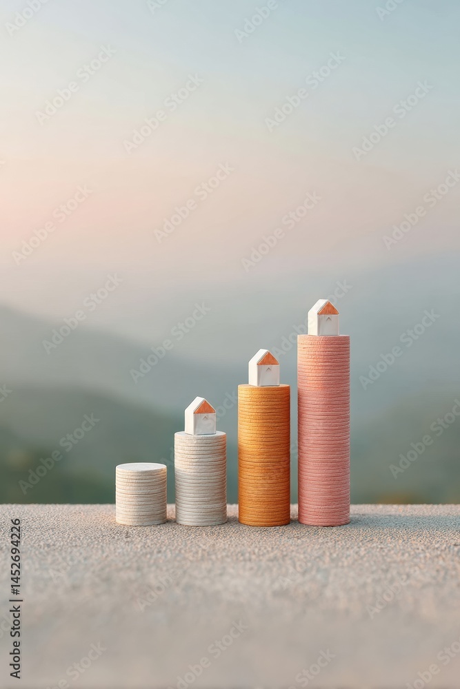 Poster minimalist economic visualization gradient coin stacks with architectural micro-houses - emerging fi