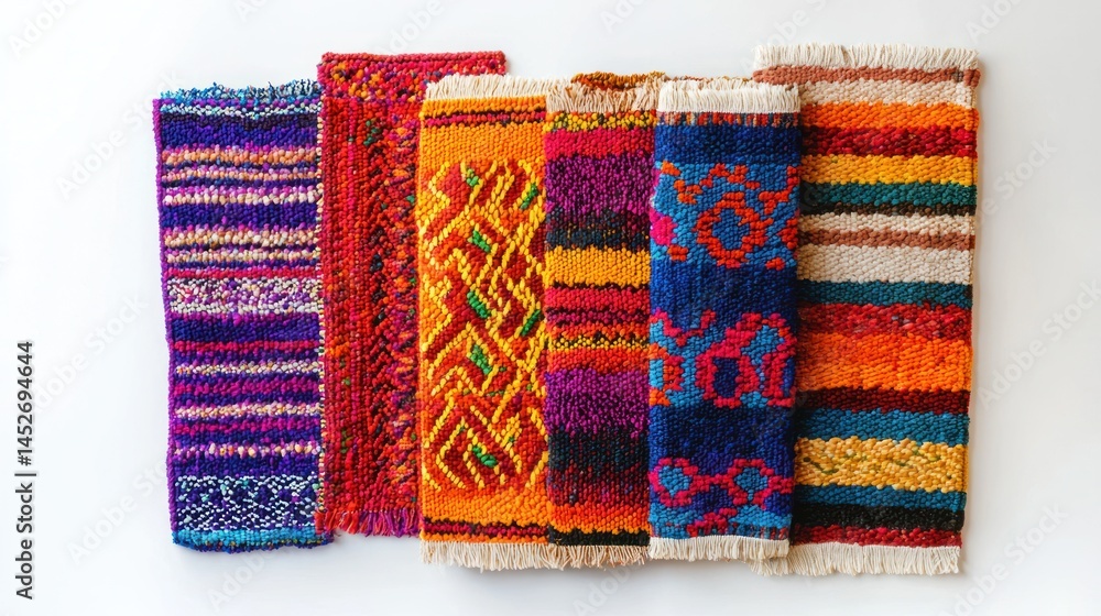 Poster set of brightly colored rugs with abstract patterns on a white background