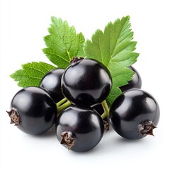 Close up of fresh black currants with leaves, isolated on white background