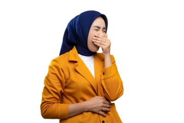 Yawning Asian woman covering mouth isolated on transparent background