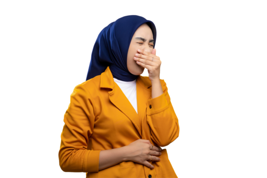 Yawning Asian woman covering mouth isolated on transparent background