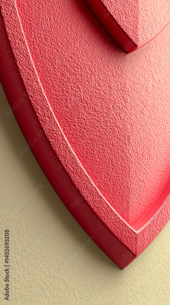 Poster close-up of red textured shield shape, showcasing a rough surface texture ideal for security, protec
