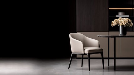 Fototapeta premium Elegant modern chair and table setup with dark wood and neutral tones for sophisticated interior design.