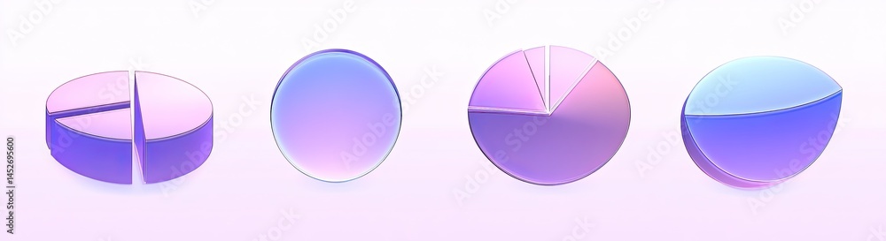 Poster 3d pie chart graphics set with glassy texture on transparent background