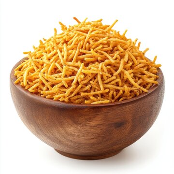 Sev in wooden bowl, indian snack food, namkeen, isolated on white background