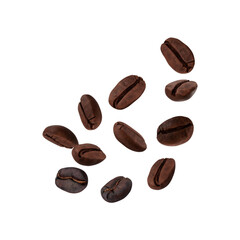Falling or floating coffee beans isolated on transparent background