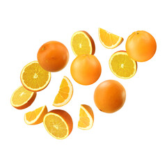 Sliced and whole oranges suspended in midair isolated on transparent background