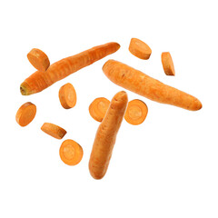 Composition with chopped and whole carrots suspended in midair isolated on transparent background