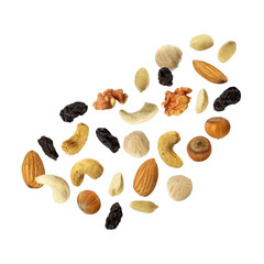 Assortment of nuts and raisins (trail mix) suspended in midair isolated on transparent background