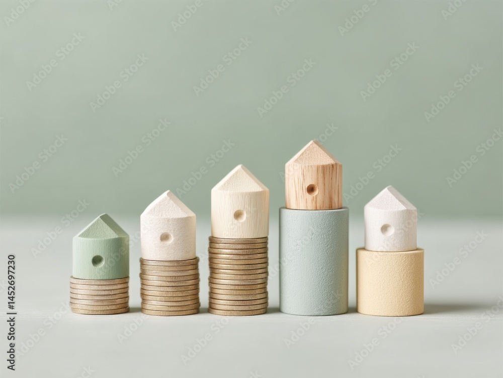 Poster minimalist financial growth visualization architectural wood block houses on ascending coin stacks -