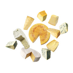 Assortment of cheeses suspended in midair isolated on transparent background