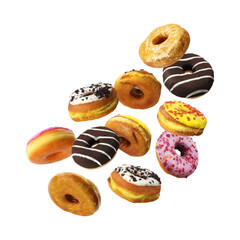 Assortment of doughnuts suspended in midair isolated on transparent background