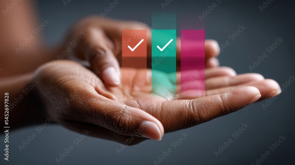 Aufkleber digital quality assurance minimalism holographic compliance checkmarks floating on human palm - next