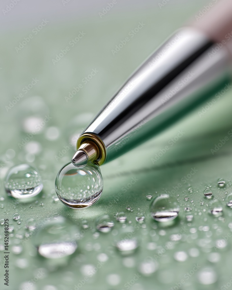 Poster Minimalist Water Droplet Precision High-End Metallic Ballpoint Pen Capturing Liquid Dynamics in Macro - Innovative Design and Creative Visual Storytelling
