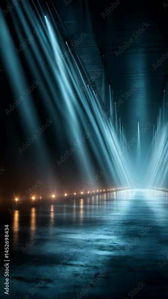 Poster abstract stage illuminated with rows of spotlights and reflected on the floor