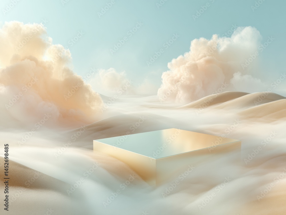 Poster Ethereal Tech Dreamscape Minimalist Geometric Platform Floating in Soft Cloud Terrain - Futuristic Digital Branding and Conceptual Innovation Visualization