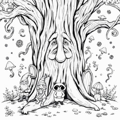 Whimsical woodland characters gather beneath a giant enchanted tree, sharing stories and laughter during a sunny afternoon in a magical forest