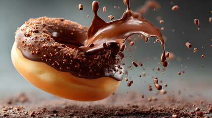 Chocolate Donut Splash: A delicious chocolate donut with chocolate sprinkles is captured mid-air, with melted chocolate splashing artistically around it.