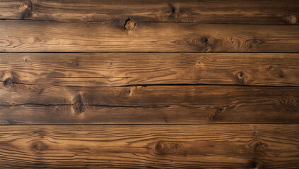 Fototapeta premium Rustic brown wooden planks with visible grain and knots, arranged horizontally. Ideal for backgrounds and textures.