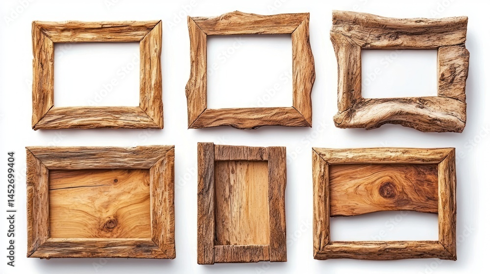 Poster set of empty wooden frames with rough-hewn edges on white background.