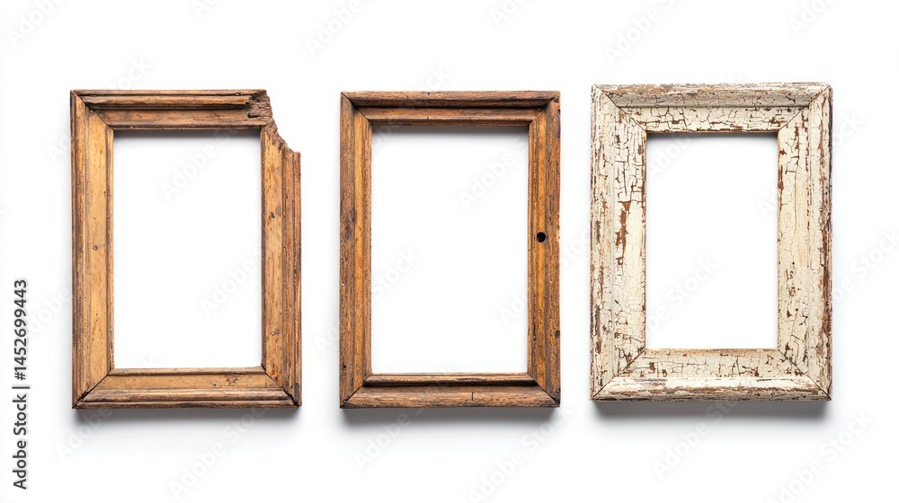 Poster set of empty wooden frames with visible nails and cracks on white background.