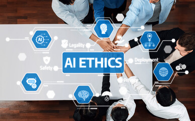 A diverse group collaborates on AI ethics, emphasizing safety, legality, and privacy as they...