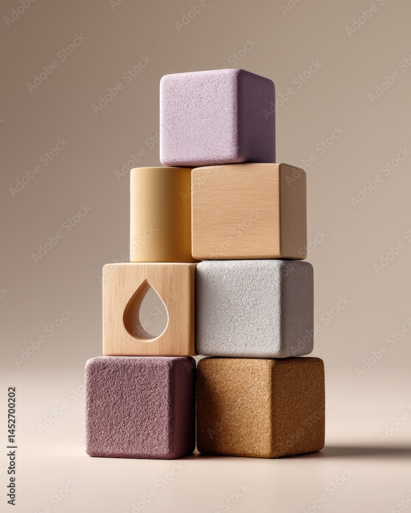 Poster circular economy insights textural wooden blocks visualizing sustainable business transformation, in