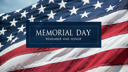 Memorial Day Patriotic Banner with Waving American Flag, Bold White Serif Typography, and 'Remember and Honor' Message – Commemorative Tribute to Fallen Heroes – Generative AI Illustration